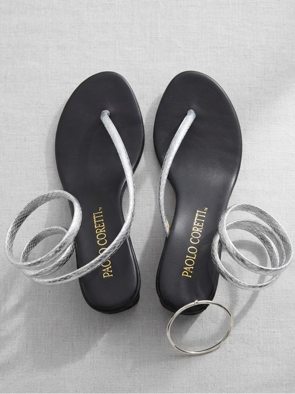 Vintage Paolo Coretti Silver Snakeskin Wrap Around Thong Wedge Sandals 7M